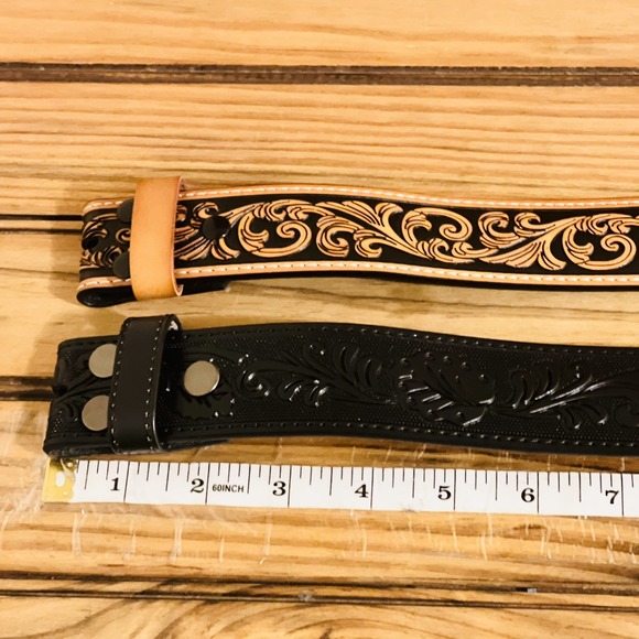 LOT OF TWO Tooled Leather Belt Cowboy Rodeo Full Grain Leather Removable Buckle - Picture 7 of 10